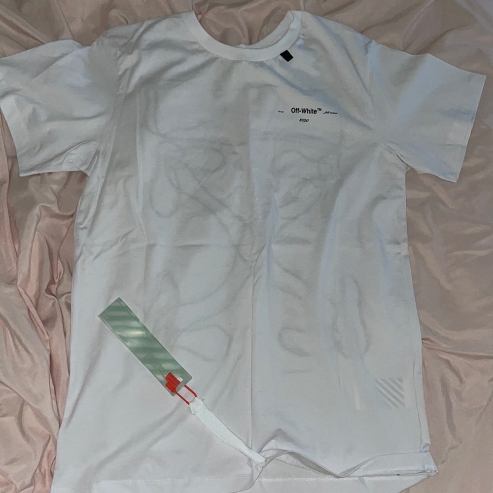 Authentic 2020 Off-White shirt with tags and bag.